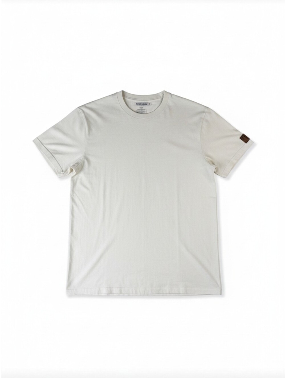 George Mens Large Ivory T-Shirt Genuine Leather Sleeve Patch Crew Neck Tee